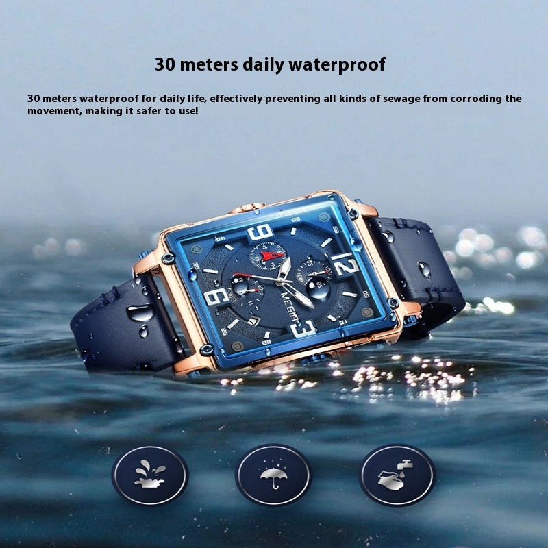 Men's Luminous Waterproof Square Multi-function Chronograph Calendar Leather Watch