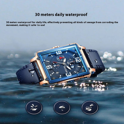 Men's Luminous Waterproof Square Multi-function Chronograph Calendar Leather Watch