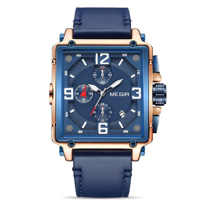 Men's Luminous Waterproof Square Multi-function Chronograph Calendar Leather Watch