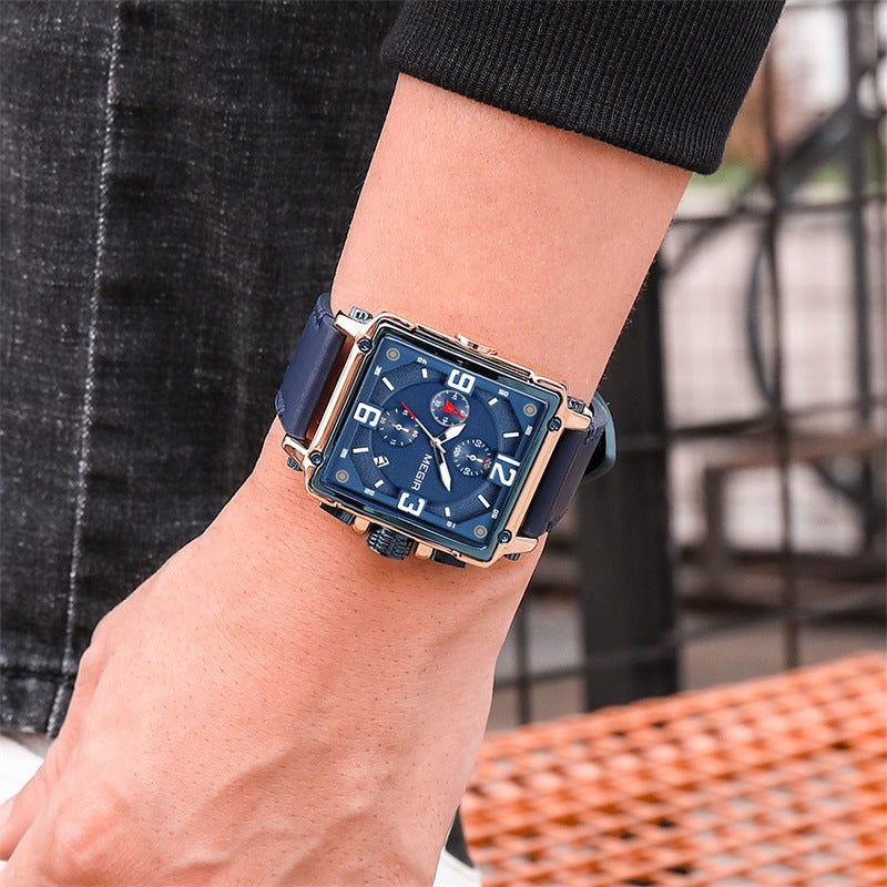 Men's Luminous Waterproof Square Multi-function Chronograph Calendar Leather Watch